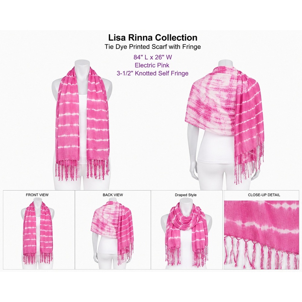 Lisa Rinna Collection Pink Tie Dye Scarf Knotted Fringe Viscose Wrap 84x26